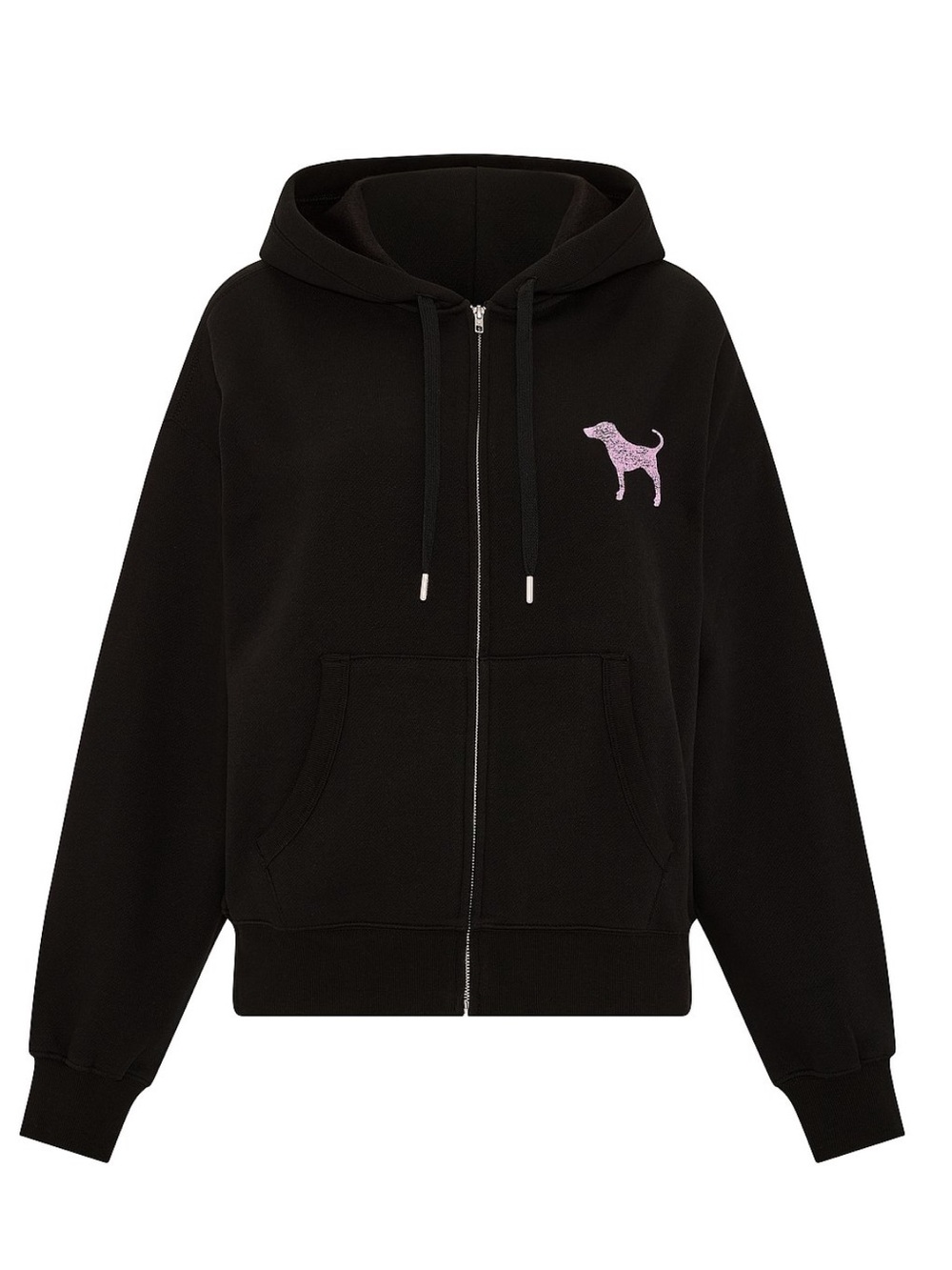 PINK Victoria's Secret Black Zip-Up Hoodie with Pink Dog Embroidery